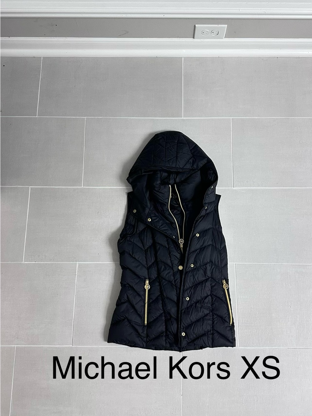 Michael Kors Black Quilted Hooded Puffer Vest with Gold Accents
